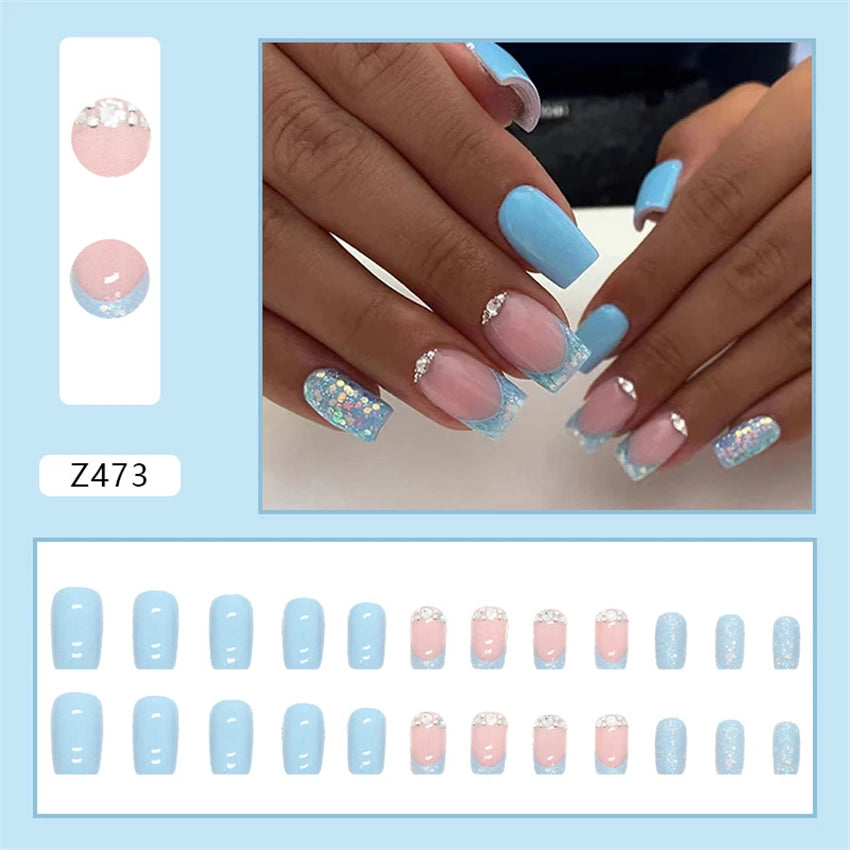 Glitter French Tip Nails - 24Pcs