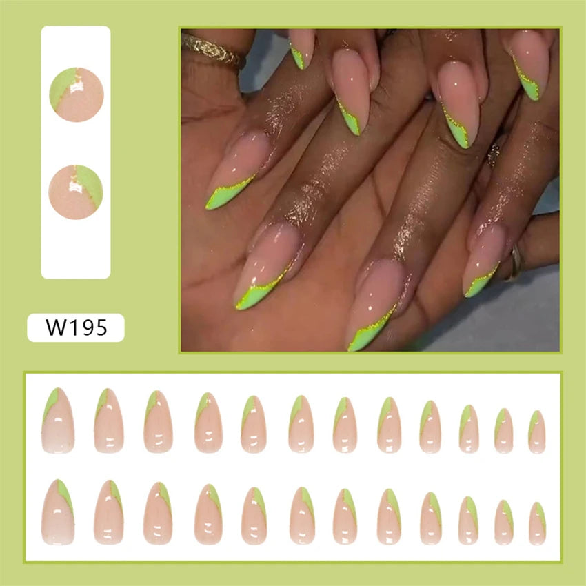 Green and Gold Almond Press on Nails - 24Pcs
