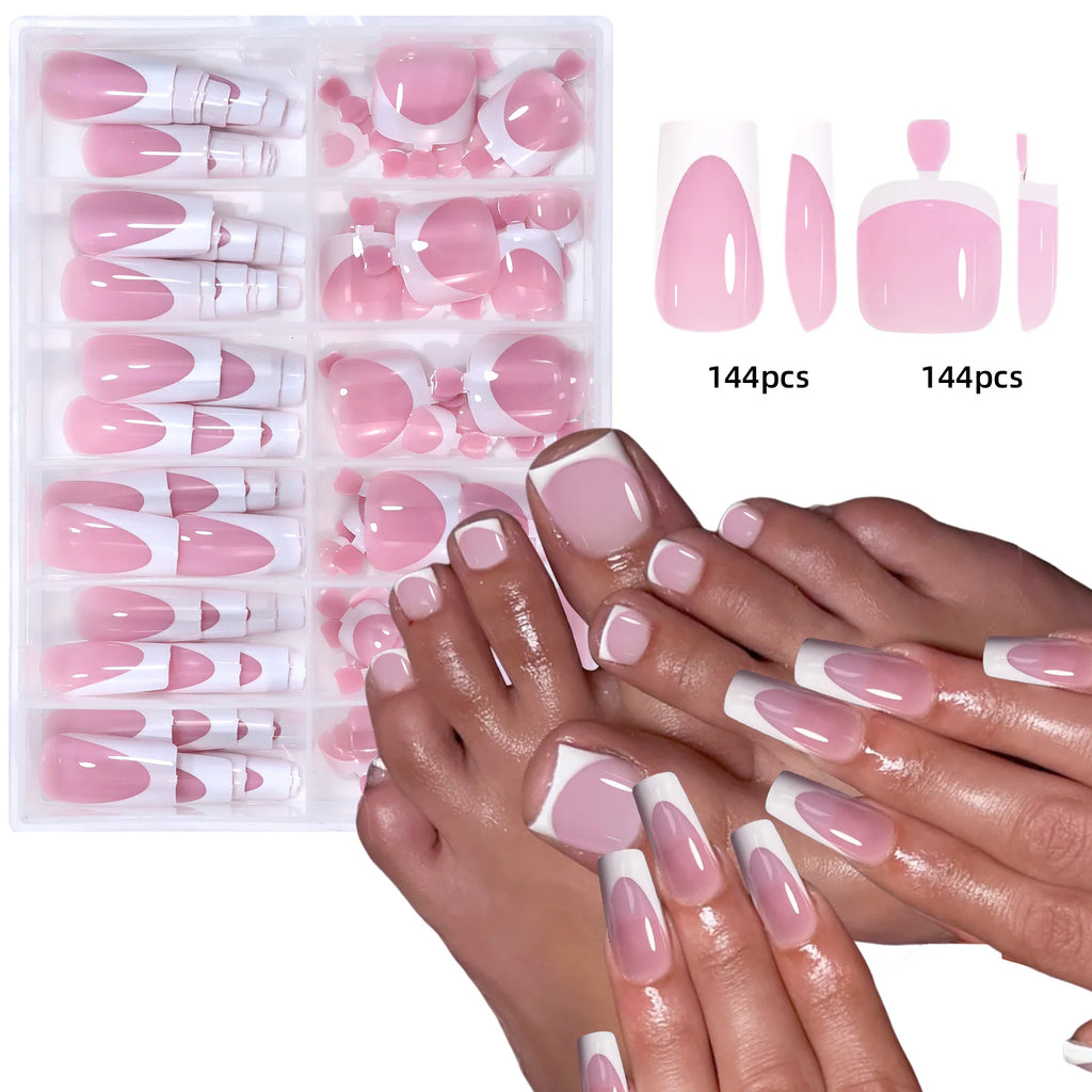 White French Tip False Nail and Toenail Matching Set - 144pcs