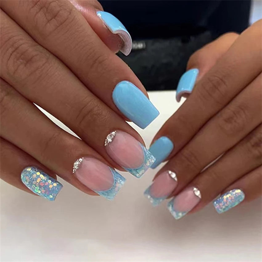 Glitter French Tip Nails - 24Pcs