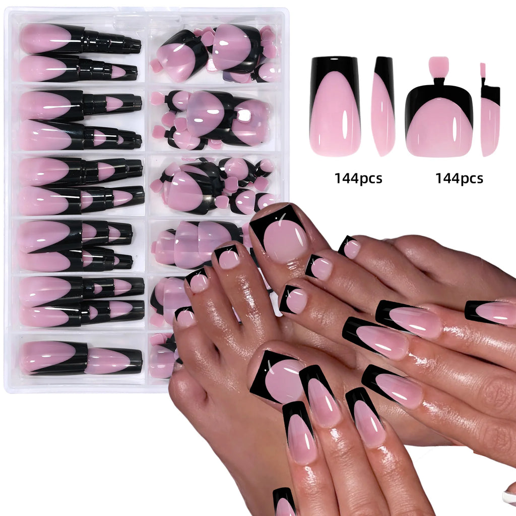 Black French Tip False Nail and Toenail Matching Set - 144pcs