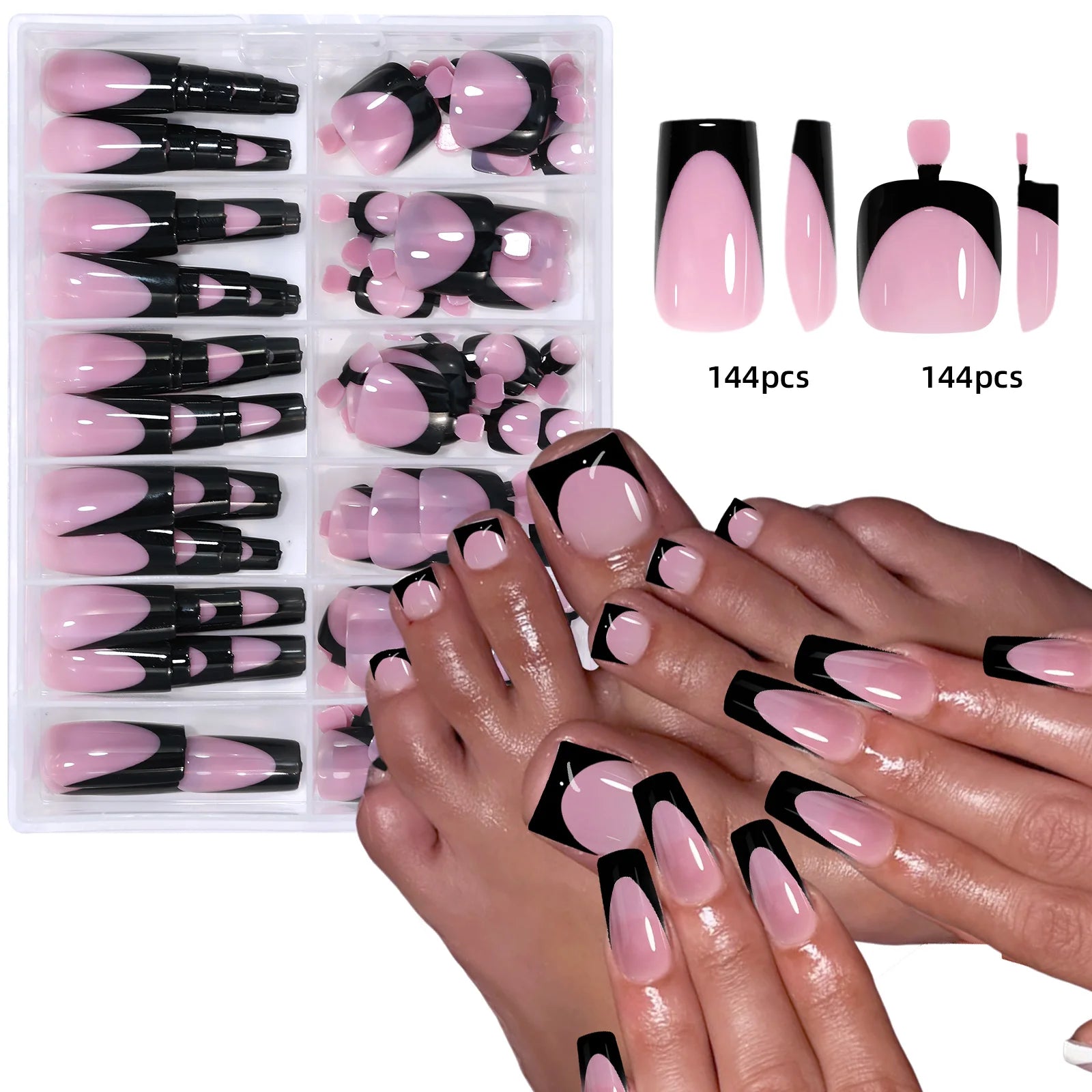 Black French Tip False Nail and Toenail Matching Set - 144pcs