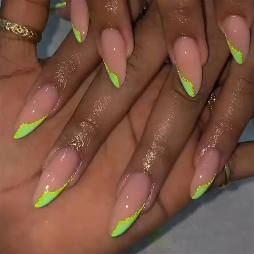 Green and Gold Almond Press on Nails - 24Pcs