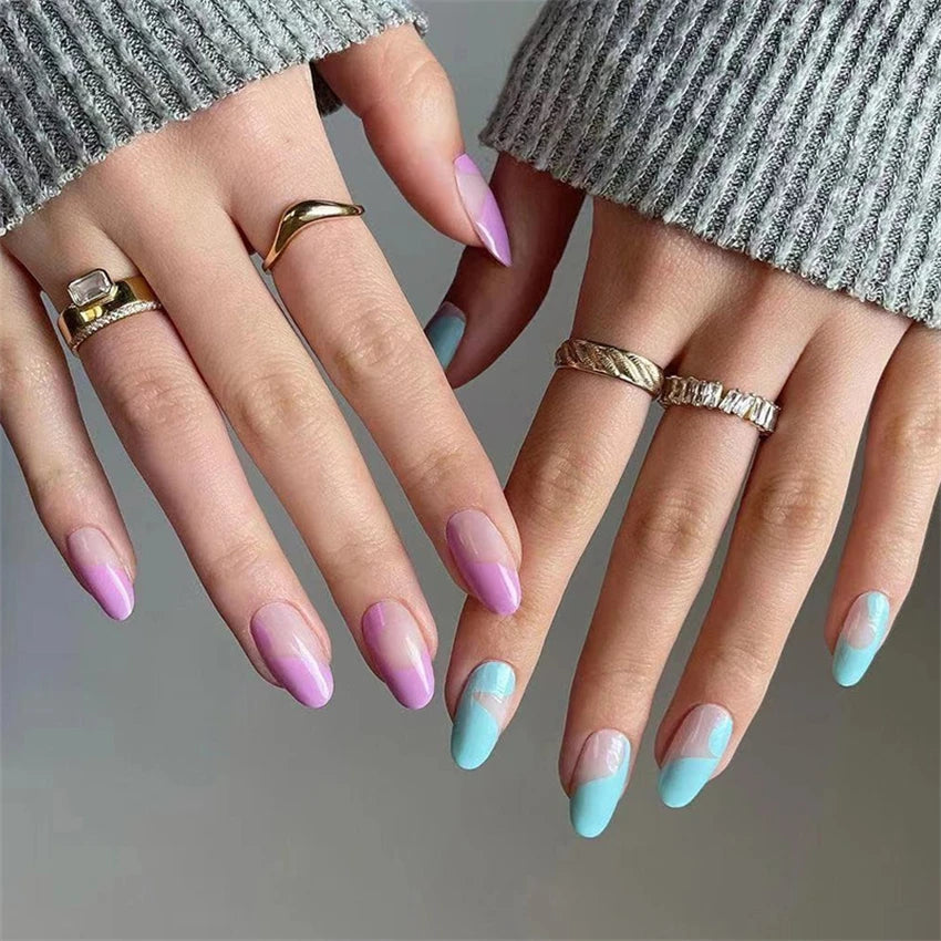 Blue and Pink Press on Almond Nail Set - 24pcs